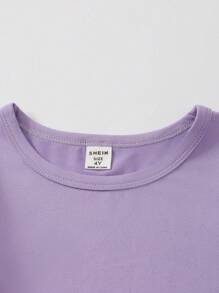 Set de 2 piezas de ropa informal y cómoda de niña con cuello redondo, manga larga, en seda de leche de unicolor - Morado - Ver 5