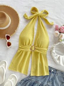 Soleia 性感V领露背夏季度假上衣，金属搭扣装饰，适合海滩、度假、音乐节、波西米亚风格等场合。 - 黃色 - 查看 5