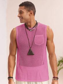 Manfinity VCAY 男士针织休闲宽松纯色无袖背心，日常男士背心，夏季男士背心，节日男士无袖上衣，男士渔网背心，男士网眼背心，男士无袖上衣，男士渔网背心，男士夏季背心，2000 年代风格 - 粉色 - 查看 4