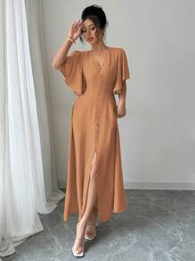 Elenzga Abito midi elegante da donna con scollo a V e vita in vita, maniche a campana, decorato con bottoni, ideale per casual, tè pomeridiano, feste, vacanze e pendolarismo, primavera/estate