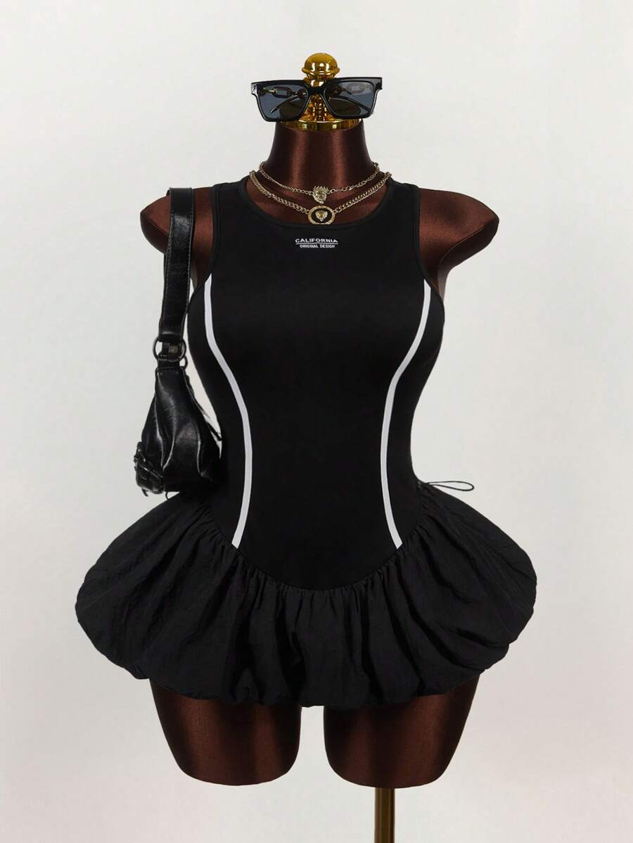 Amplova 大码女式拼色带饰荷叶边下摆迷你连衣裙 - 黑色 - 查看 1