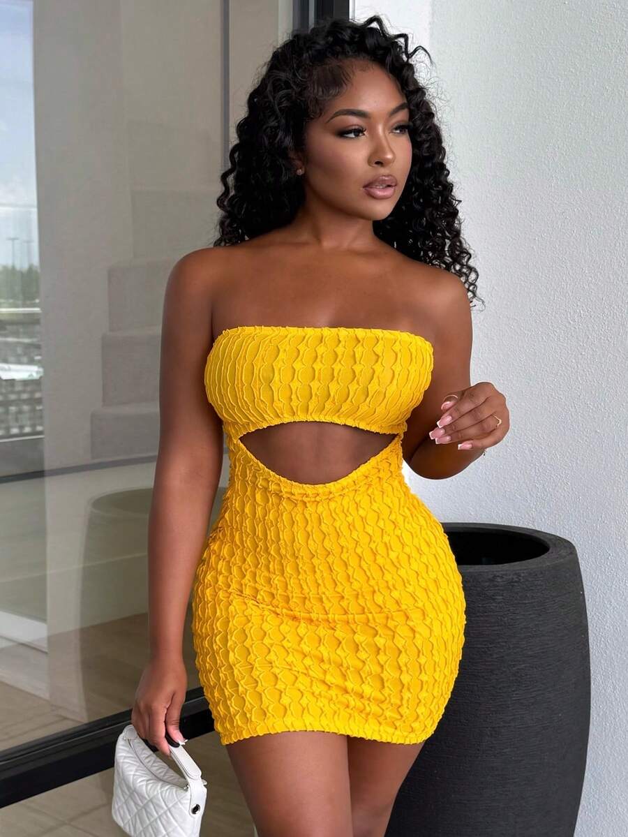 Alexandranx 夏季性感音樂節無肩帶腰部空心緊身迷你裙玫瑰紅色荷葉邊布料女裝連衣裙-G - 黃色 - 查看 1