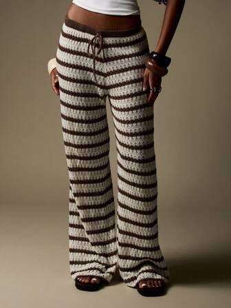 MISSGUIDED Gehäkelte gestrickte Weit geschnittene Hose Palazzo Hose Boho Strandresort Trage Zugbandschlaufe Loungebottoms Gestreiftes Urlaubsstrick