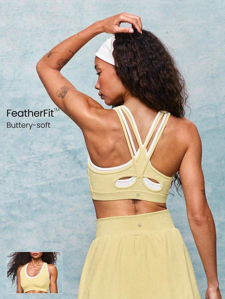 GLOWMODE FeatherFit™ Big Energy Contrast Color Panel Removable Cups Sports Bra Low Impact Yoga Pilates Studio Daily Casual Wear - French Vanilla - Xem 1
