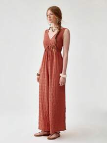Florisole Women's Deep V-Neck Bohemian Style Drawstring Loose Leg Jumpsuit, Textured Brick Red Color, Spring/Summer - Rust Brown - View 4