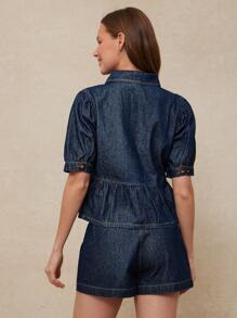 WESTFADE 前开襟纽扣短款泡泡袖荷叶边棉混纺牛仔上衣乡村西部夏季牛仔女郎纳什维尔音乐会 - 深色水洗藍 - 查看 2