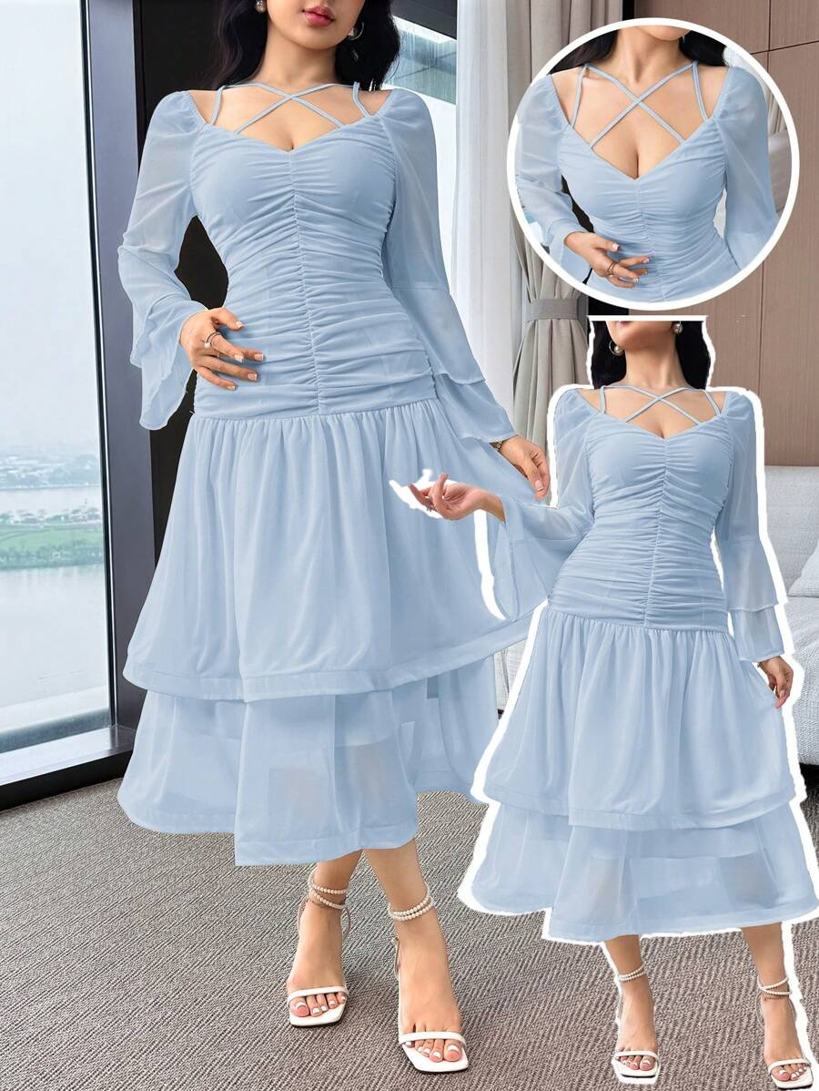 Modelyn Women's Casual Solid Color Ruched Waist Mid-Length Dress - Blue - View 1
