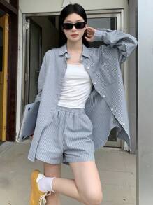 DAZY Women's Long Lapel Loose Striped Shirt And Shorts Two Pieces Urban Casual Denim Suit - Blue - View 5