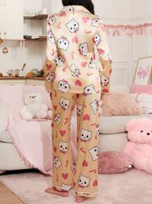 2 件套女士卡通可爱猫心棒棒糖睡衣套装，秋季衣服