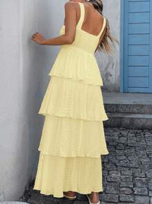 SHEIN VCAY Plus Size Women Solid Color Ruffle Hem Spaghetti Strap Dress, Vacation Wear,Wedding Guest Dress