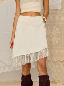 SHEIN MOD 杏色缎面撞色蕾丝不对称下摆半身裙 - 杏色 - 查看 1