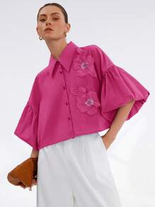 GENKIRA 藏青色高品质优雅百搭灯笼袖刺绣宽松短袖衬衫 - 玫紅色 - 查看 6