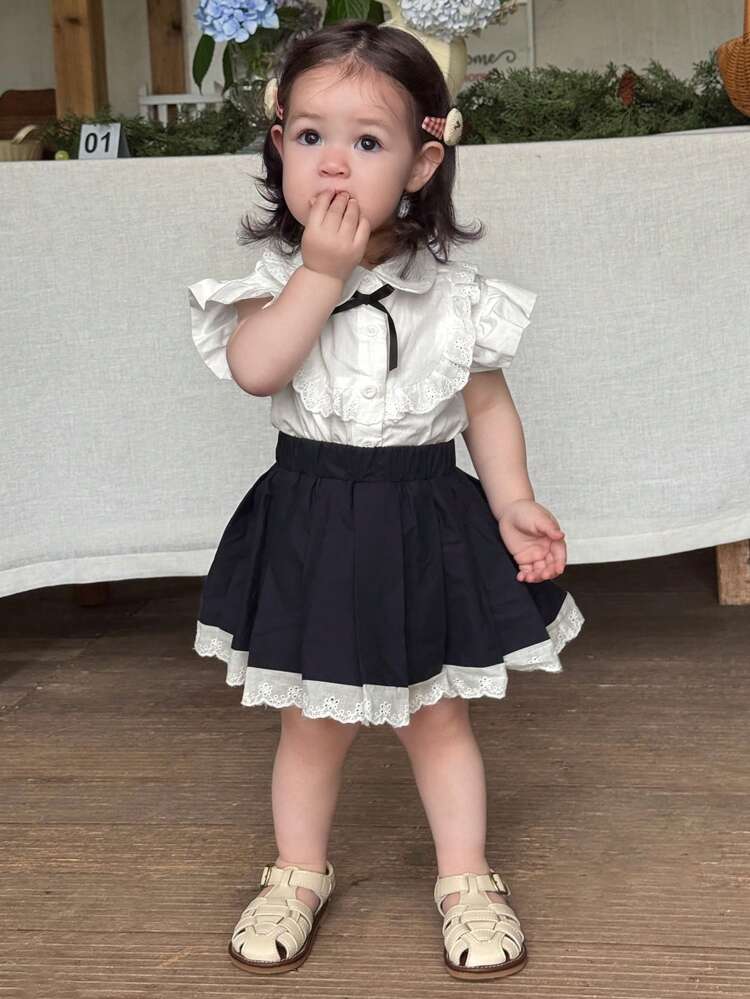 Baby Girls' Fresh & Sweet Bowknot Top With Pleated Skirt 2pcs Set Toddler Girls Clothes