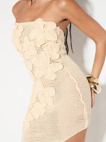 KIZN Crochet Knit Bandeau Maxi Dress Asymmetrical Slit Evening Cocktail Formal Resort Party Long Split Dress Wedding Guest Special Occasion Summer Beach Wear