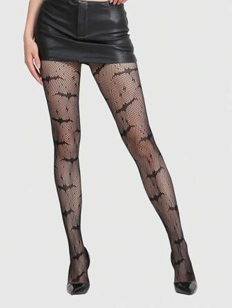 Grunge Punk 1 pieza Medias de red transparente con detalles de murciélago de encaje negro, estilo gótico oscuro y sexy