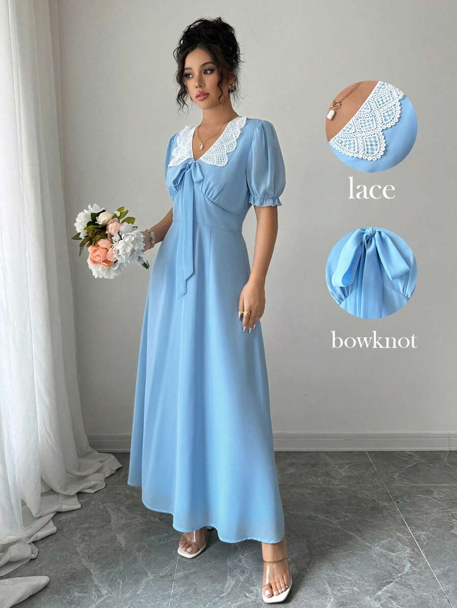 Elenzga Váy dài chữ A thắt eo ren cổ chữ V cho nữ, phong cách thanh lịch, mùa xuân/hè - Màu xanh lam - Xem 1