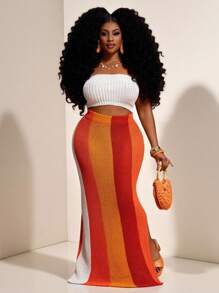 Veslaya 欧美风性感露脐针织衫搭配撞色罗纹修身长裙两件套，夏季长裙套装，条纹裙套装，度假装，女士裙装套装，曲线裙套装 - 彩色 - 查看 9