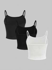 SHEIN Girlism 3-Piece Tween Girl Simple Solid Color Skinny Strap Fitted Camisole Set Fall Winter - Multicolor - View 2