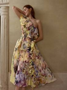 MOTF PREMIUM VÁY DÀI HỌA TIẾT HOA MỘT VAI LỚP XẺO CÓ THẮT LƯNG - Màu vàng - Xem 6