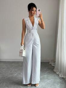 Women's Lapel Neck Black & White Striped Elegant Jumpsuit - Black and White - View 5