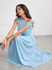Modelyn Women's Elegant Soft Charm Light Blue Long Dress With Asymmetrical Shoulder Ruffled Hem - Mint Blue - View 7