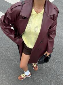 Muchica Women's Burgundy Thick PU Leather Long Sleeve Trench Coat, Autumn - Burgundy - View 4