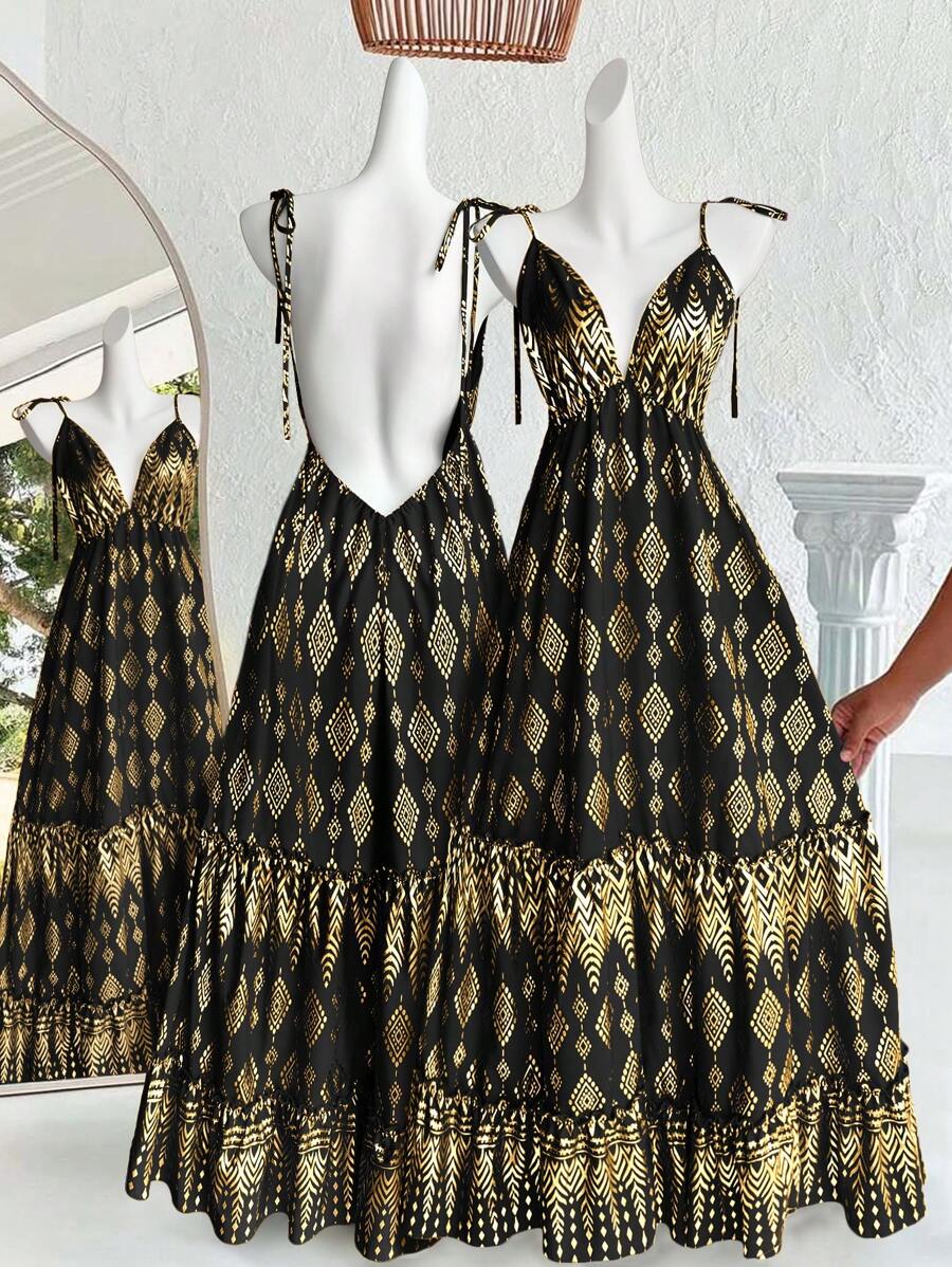 Breezaya Boho 女式 V 领性感优雅露背交叉系蝴蝶结金箔花卉印花波西米亚海滩连衣裙，荷叶边下摆无袖 2025 春夏新款演唱会服装毕业婚礼嘉宾晚礼服生日礼服演唱会服装女式长款连衣裙 - 黑色 - 查看 1