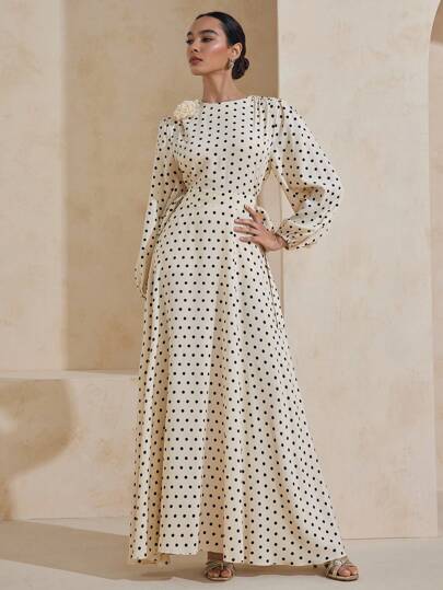 Graceveil Elastic Waist Tie-Up Polka Dot Floral 3D Decor Loose Sleeve Arabic Style Dress Modest Modest Polka Dot Dress