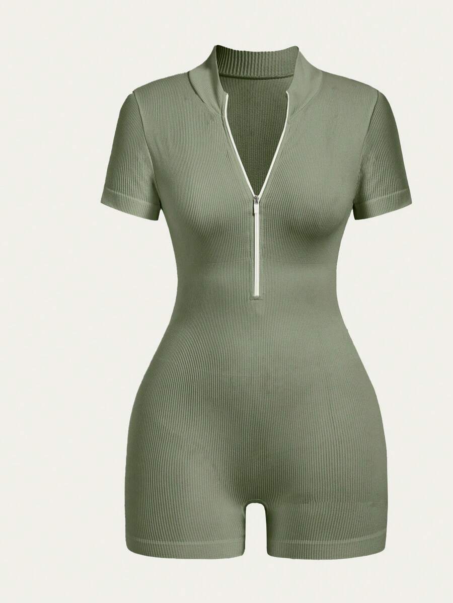 Easithlete 女士纯色拉链短袖连体裤，农历新年休闲日常穿着 - 橄欖綠 - 查看 1