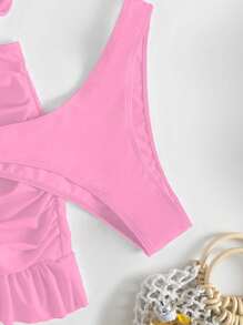 SHEIN Swim 女式三件套比基尼套装带罩裙，无肩带纯色性感泳衣带钢圈支撑，夏季海滩 - 粉色 - 查看 3