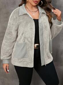 SHEIN LUNE Plus Dual Pocket Drop Shoulder Zipper Flannelette Coat, For Winter Fall Autumn - Light Grey - View 8