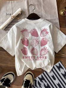 INAWLY Women's Letter & Strawberry Print Round Neck Short Sleeve Casual T-Shirt, Summer