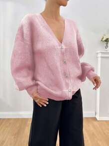 SHEIN Cottnline Women Rhinestone Flower Button Detailed Soft Touch Elegant Chick Cardigan - Baby Pink - View 3