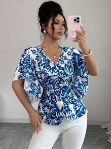 Elenzga Autumn New V-Neck Slit Waist Floral Print Blouse, Vintage Porcelain Pattern, Elegant Casual Vacation Date Wear, Puff Sleeve Shirt For Women, Teachers - Blue and White - View 5