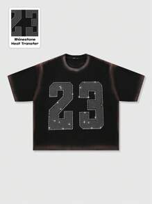 ROMWE MEN Men's Street Life Glitter Diamond Trim Spray Printed Short Sleeve T-Shirt, Loose Cropped Style - Black - View 1