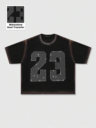 Prep Camiseta de manga corta holgada y corta estilo suelto con estampado en aerosol con diamantes brillantes para hombres