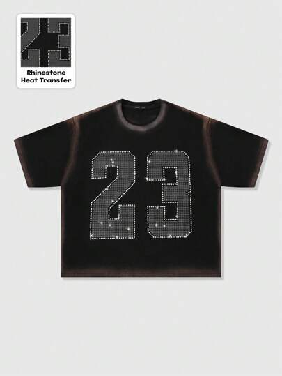 Prep Camiseta de manga corta holgada y corta estilo suelto con estampado en aerosol con diamantes brillantes para hombres