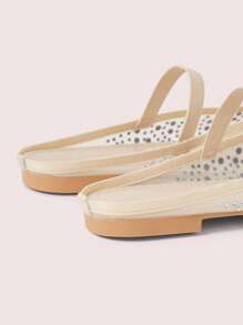 CUCCOO DOLLMOD Fashionable Women's Fully Rhinestone Mesh Bow Mary Jane Ballet Flats, Elegant Comfortable Cute Slip-On Loafers - Beige - View 10