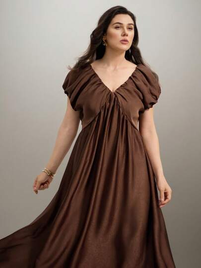 Flouryn 大码女式优雅 V 领 A 字褶皱棕色醋酸纤维面料连衣裙，休闲日常和派对装，度假装