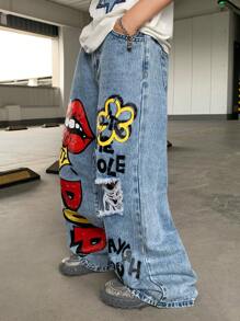 SHEIN Quần jean denim rộng màu xanh dương dáng suông, phong cách vintage Y2K cá tính với son môi đỏ và họa tiết hoa graffiti, chất liệu mềm mại, thích hợp mặc hàng ngày, mùa hè, mùa xuân, đi lễ hội và đi biển. - Màu xanh lam - Xem 2