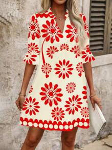 SHEIN Clasi 红色印花女式迷你连衣裙 - 紅色 - 查看 3