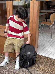 SHEIN Tween Boy's Striped Round Neck Short Sleeve T-Shirt And Shorts Set, Korean Style - Burgundy - View 1