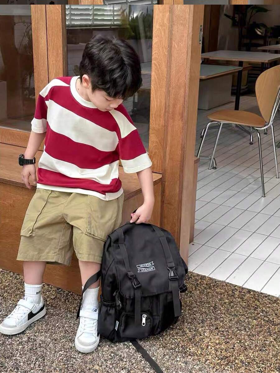 SHEIN Tween Boy's Striped Round Neck Short Sleeve T-Shirt And Shorts Set, Korean Style - Burgundy - View 1