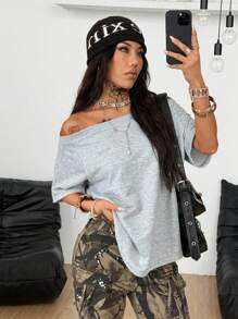 Coolane 女士夏季纯色露肩短袖休闲宽松T恤 - 灰色 - 查看 3