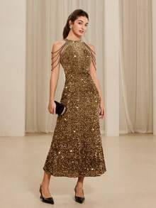 Aveloria Rosie Đầm yếm gợi cảm sang trọng cao cấp mới với vải sequin tinh xảo, thiết kế nhiều dây xích, thắt eo, không tay, thích hợp cho tiệc tùng, ngày lễ tình nhân, mùa xuân/hè - Vàng - Xem 4