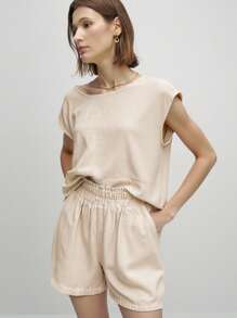 Airaco 2pcs/Set Women Summer Casual Batwing Sleeve Top And Elastic Waist Paper Bag Pocket Shorts, Daily Wear - Khaki - View 7