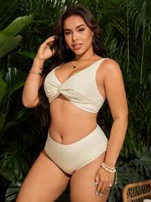 Swim Lushoire Plus Size Women Twisted Bikini Set, For Beach Holiday For Summer Beach Vacation - Apricot - View 5