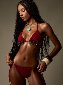 MISSGUIDED Handmade Crochet Boho Beach Bikini Set With Turquoise Beads Summer Poolside Swimsuit Resort Wear Vacation Beachwear - Burgundy - View 3