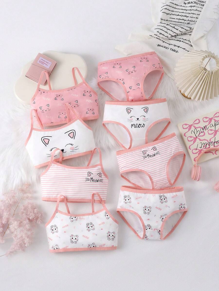 女童可爱猫咪印花吊带背心和三角内裤内衣套装 - 彩色 - 查看 1