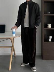 DAZY 男士纯色基本款连帽衫、运动衫和夹克外套秋冬 - 黑色 - 查看 3